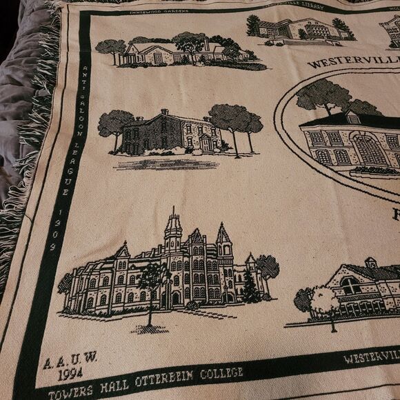 Westerville Ohio Tapestry Throw Blanket Historical Bldgs Green White 64"x40" - Picture 2 of 5